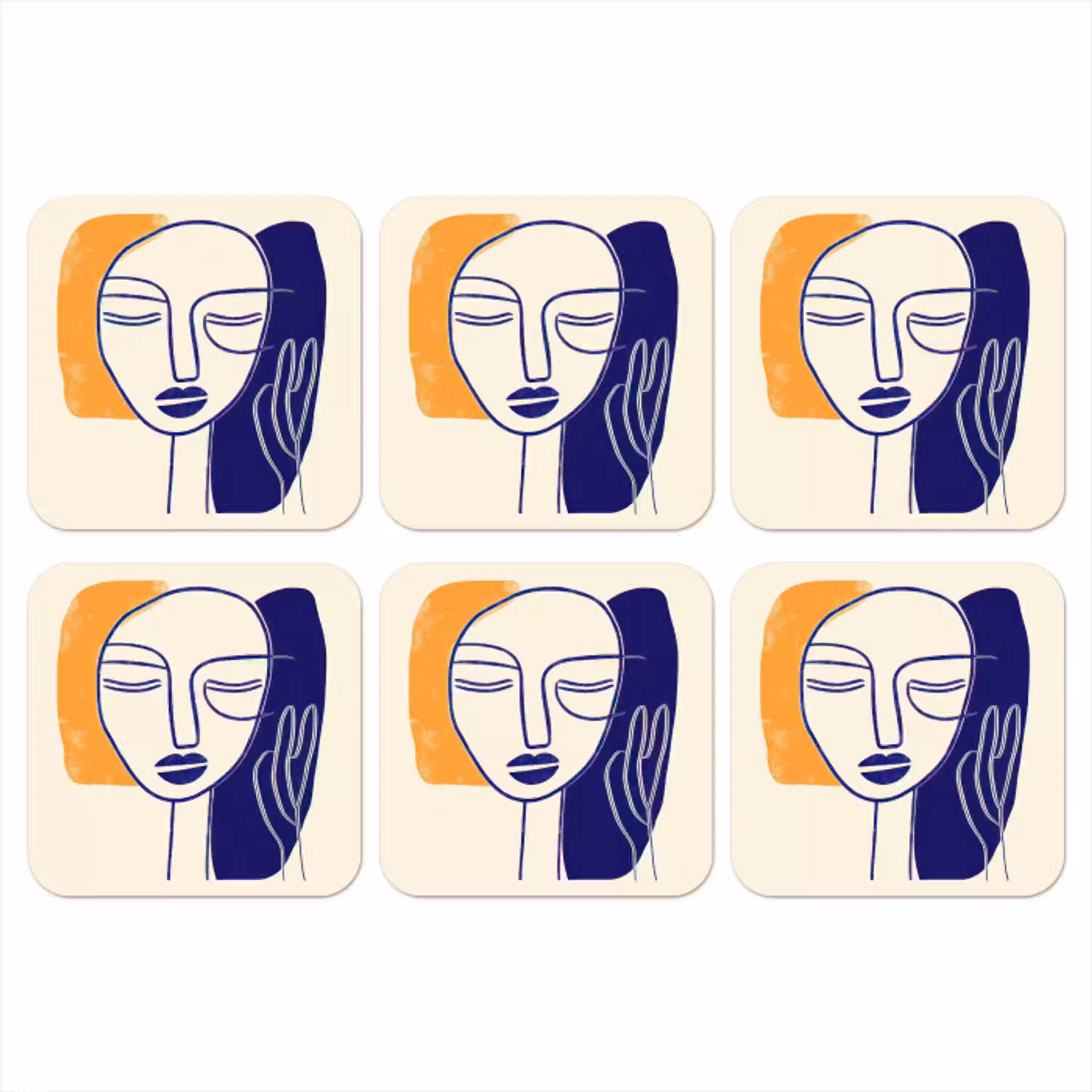 Minimalistisch - Gezicht - Hand - Oranje - Blauw onderzetter kurk middel -3d