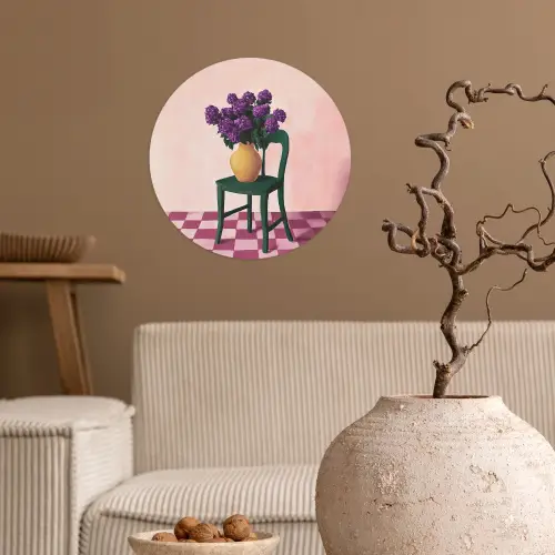 Stoel - Vaas - Bloemen - Geblokt Wandcirkel behangsticker klein -sfeer1