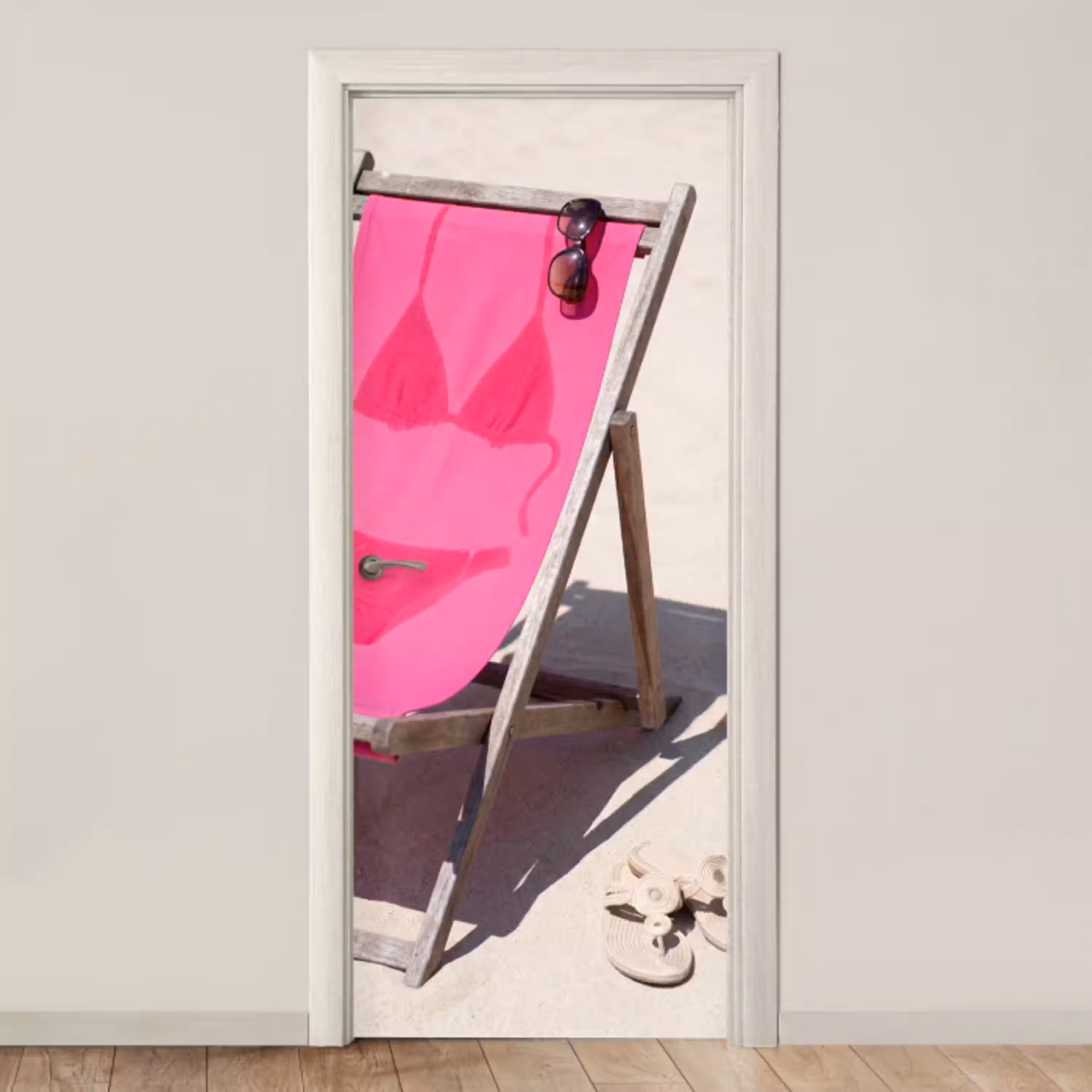 Strand - Ligstoel - Badkleding - Zomer - Roze deurposter klein -3d_beige