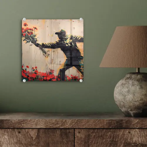 Street art - Man - Bloemen - Rood - Graffiti - Banksy plexiglas 5mm klein -sfeer3