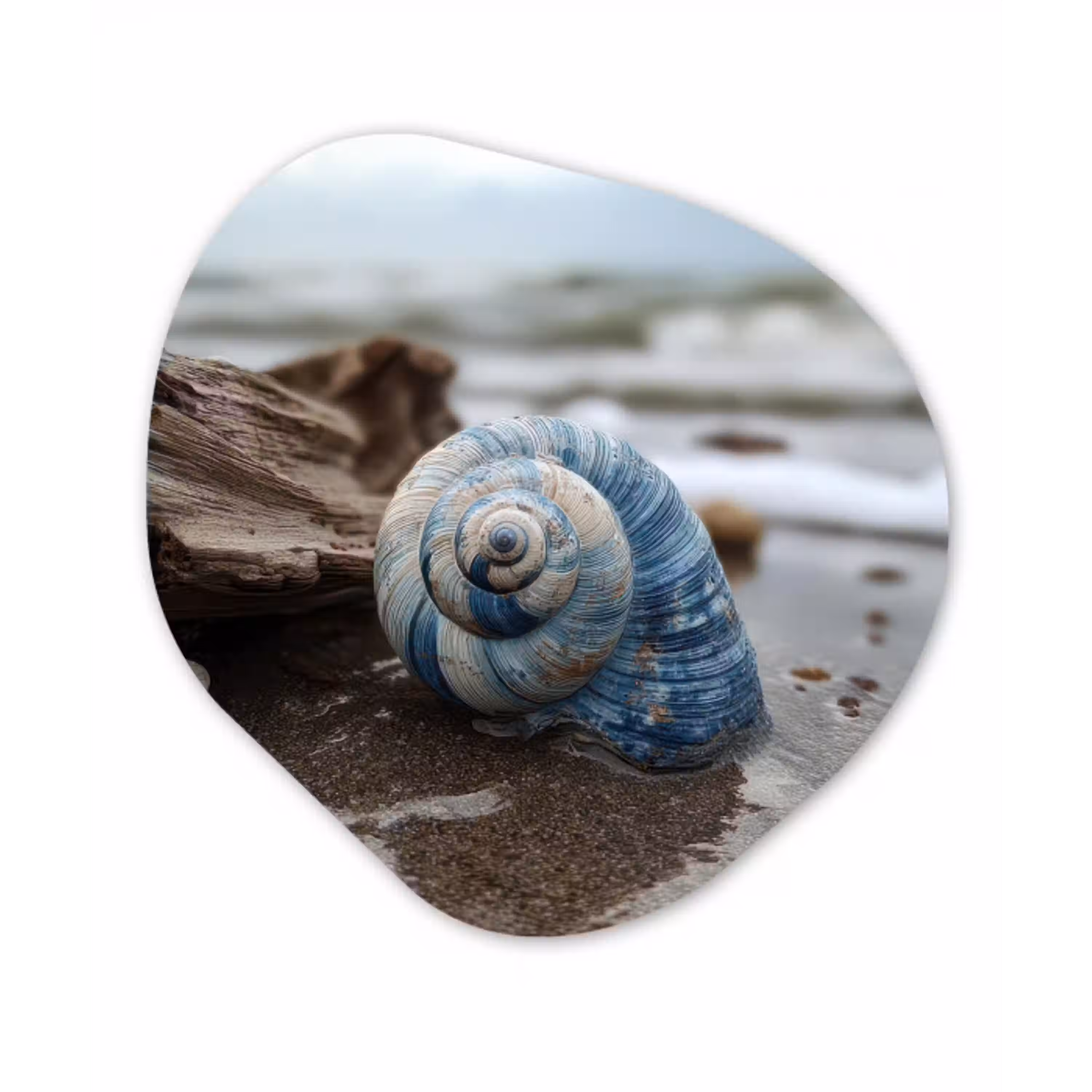 Schelp - Strand - Blauw - Zee Wandcirkel Organisch Aluminium middel -3d