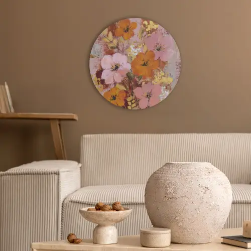 Schilderij - Bloemen - Rustiek - Roze Akoestische PET Vilt - Rond klein -sfeer1
