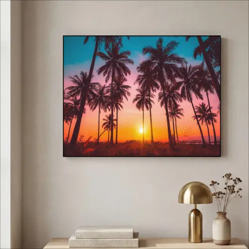 Palmboom - Zonsondergang - Horizon - Strand - Oranje - Roze Textielframe zwart klein -sfeer2