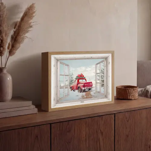 Auto - Rood - Cadeaus - Winter - Kerst - Doorkijk - Wit Light Box met batterij (Wandlamp) middel -sfeer2