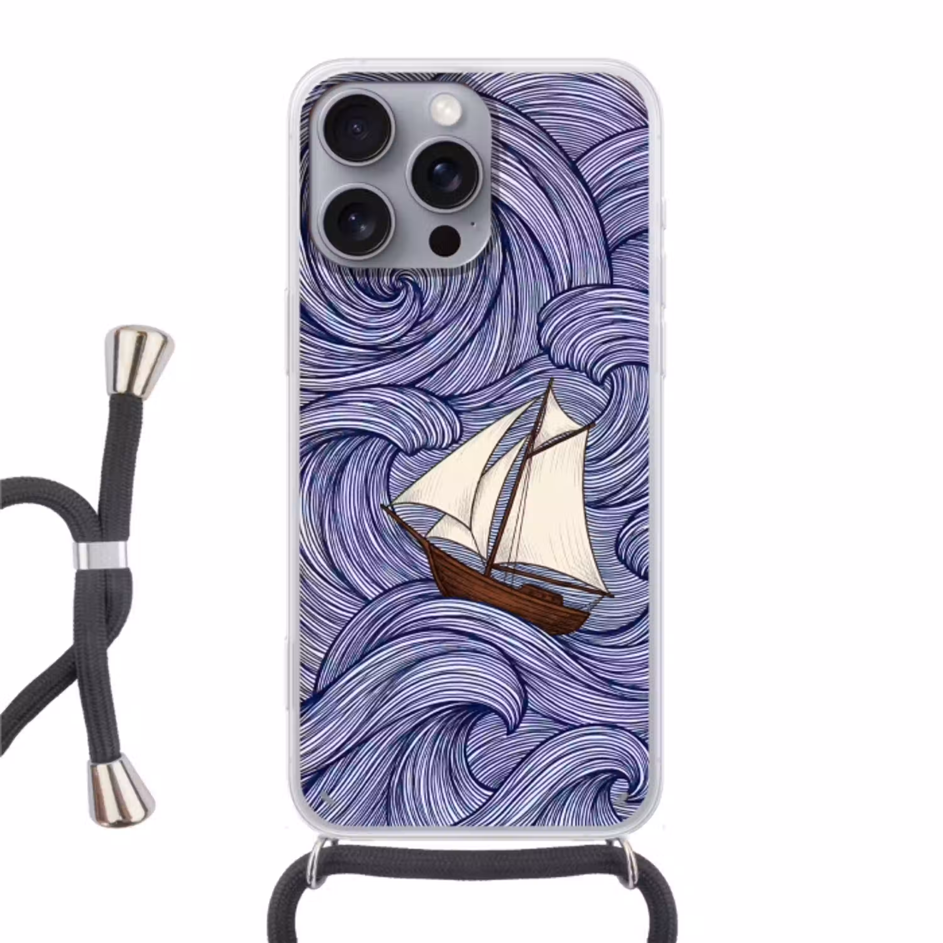 Schip - Golven - Zee - Illustratie - Blauw Hoesje iPhone 16 Pro Max met koord klein -3d