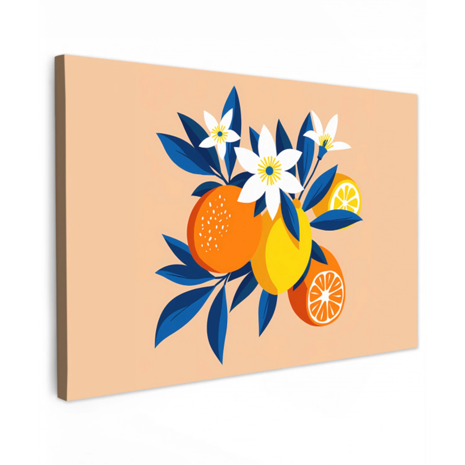 Illustratie - Sinaasappels - Donkerblauw - Bloemen Tuinposter op houten frame 2 cm dik klein -3d