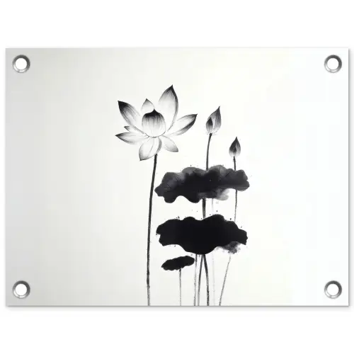 Bladeren - Zwart - Lotusbloem - Minimalitisch tuinposter los doek klein -3d