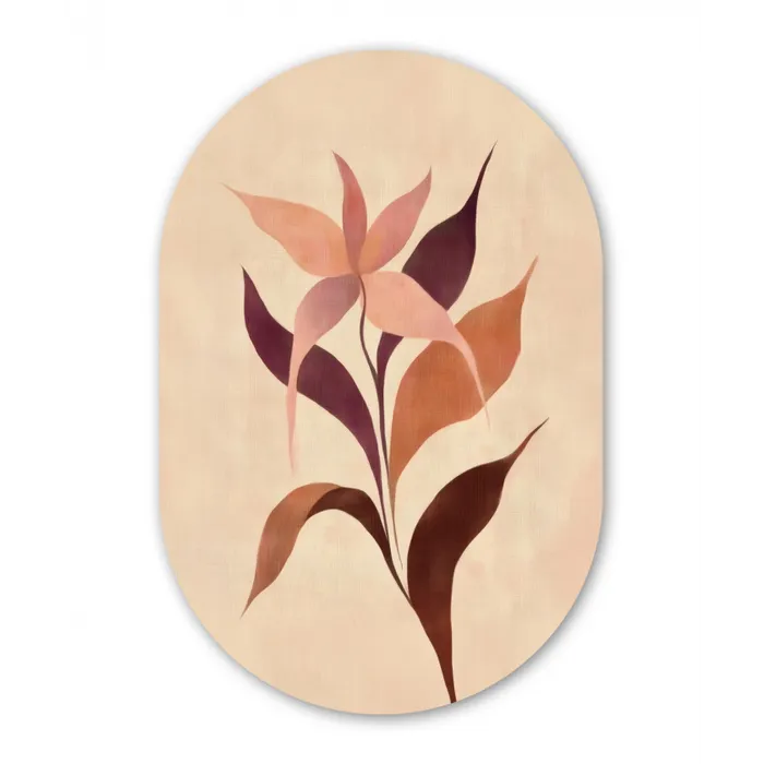 Minimalistisch - Bloem - Bladeren - Beige Wandcirkel Ovaal Glas middel -3d