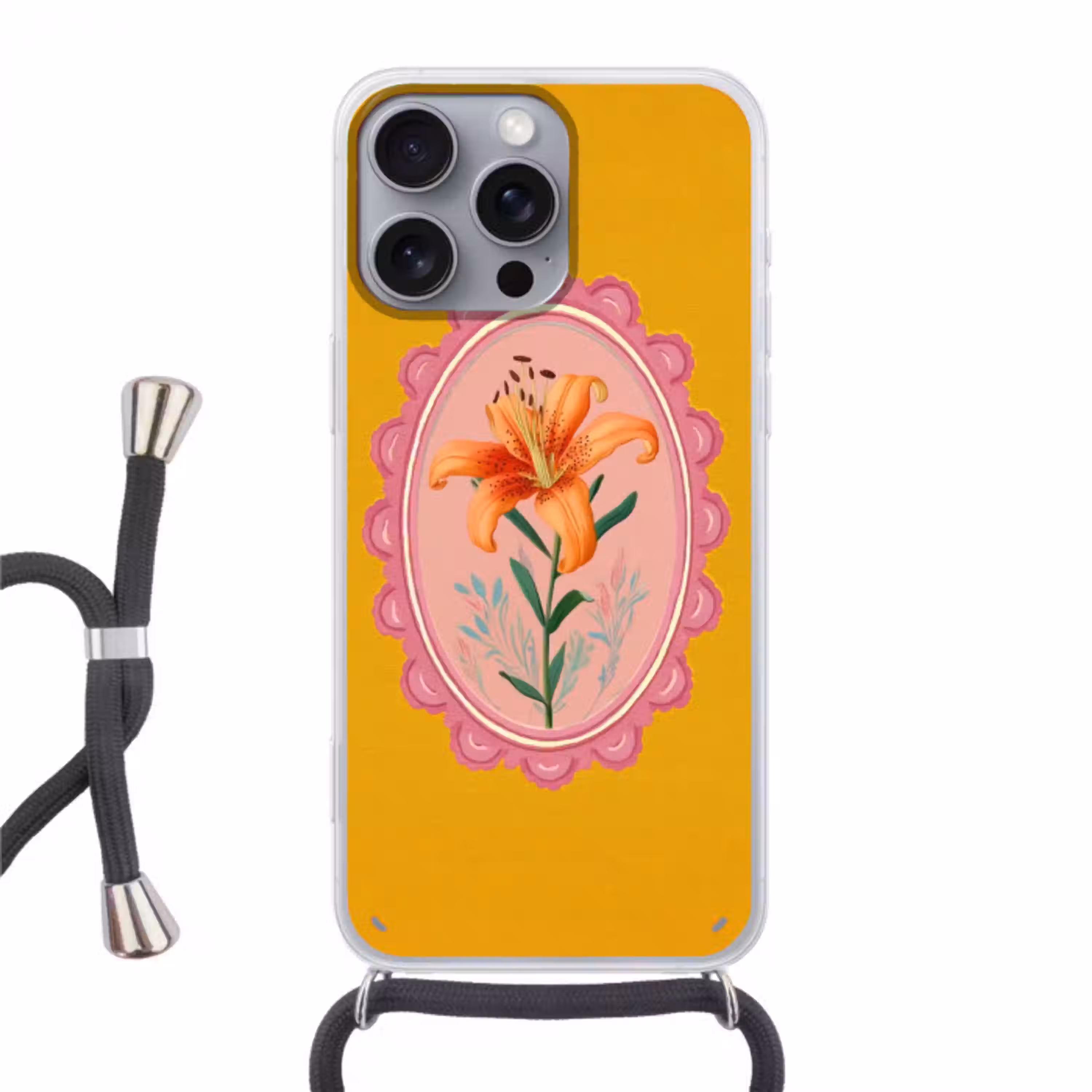 Lelie - Oranje - Lijst - Ovaal Hoesje iPhone 16 Pro Max met koord klein -3d