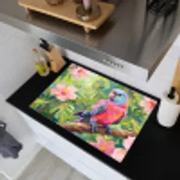 Papagaai - Hibiscusbloemen - Kleurrijk Inductie beschemer met haakjes klein -sfeer1