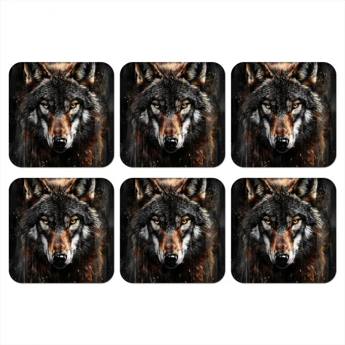 Dieren - Wolf - Portret - Zwart - Bruin onderzetter kurk middel -3d