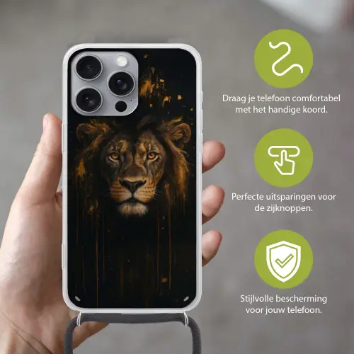 Leeuw - Goud - Druppels Hoesje iPhone 16 Pro Max met koord klein -sfeer2_NL