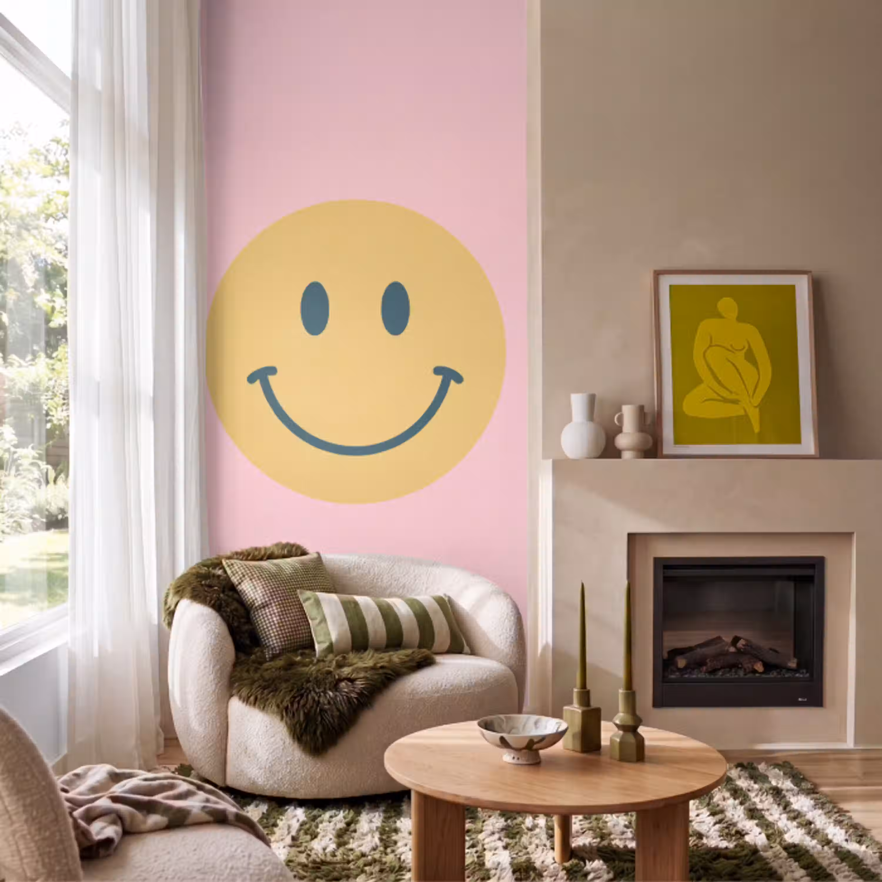 Smiley - Geel - Roze - Symbool - Minimalistisch Behang Vlies klein -sfeer2