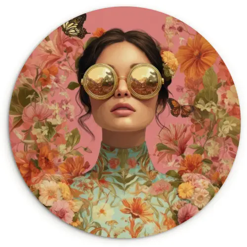Vrouw - Bril - Roze - Bloemen Wandcirkel kunststof plaat 5mm dik klein -3d