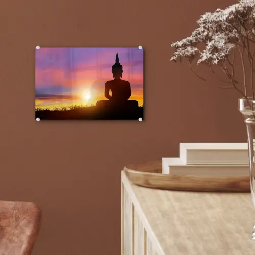 Zonsondergang - Horizon - Boeddha beeld - Buddha -  Silhouette plexiglas 5mm klein -sfeer5