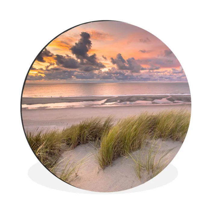 Zonsondergang - Duin - Strand - Planten - Zee Wandcirkel aluminium klein -3d