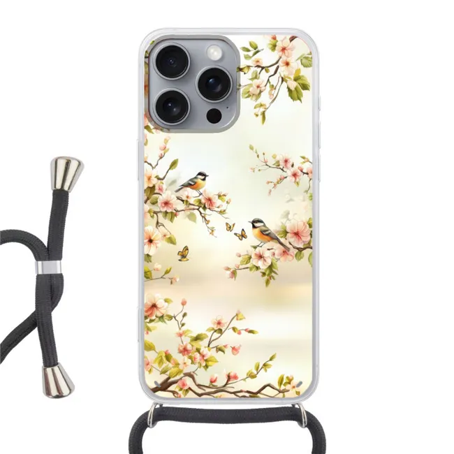 Telefoonhoesje met koord - Takken - Bloemen - Vogeltjes - Roze