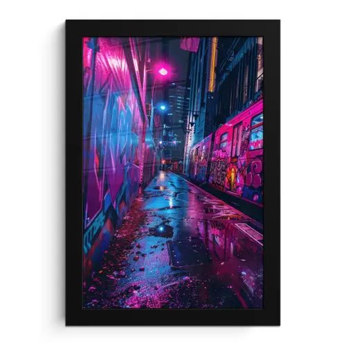 Stad - Neon -  Nacht - Roze - Graffiti fotolijst zwart zonder passe partout klein -3d