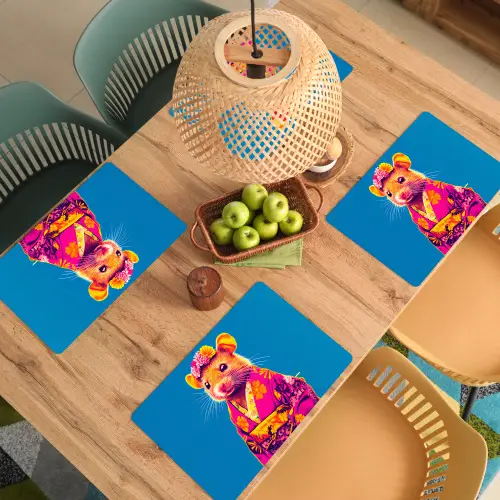 Muis - Kimono - Bloemen - Blauw Placemat vinyl groot -zzsfeer5_Kitchenyeah-website