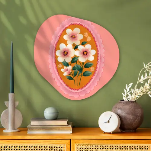 Illustratie - Bloemen - Rand - Roze Wandcirkel Organisch Aluminium middel -sfeer2