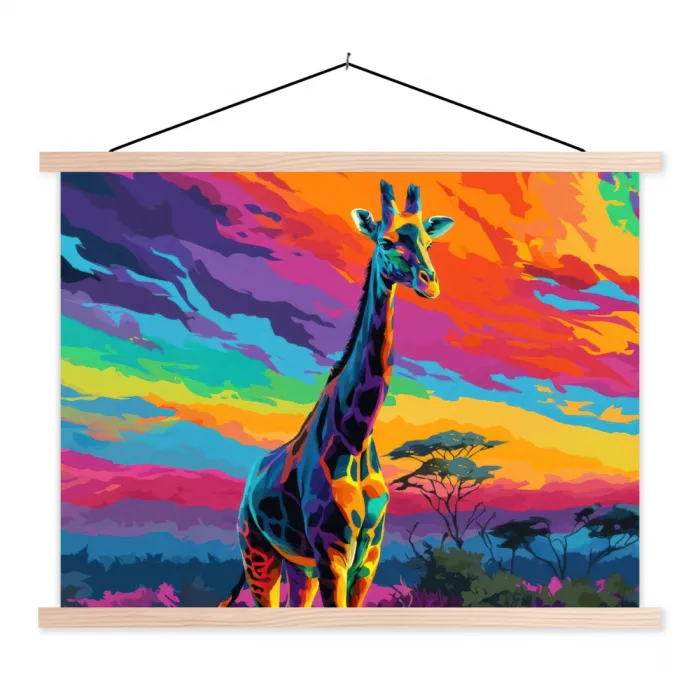 Giraffe - Savanna - Lucht - Gekleurd textielposter latten blank klein -3d