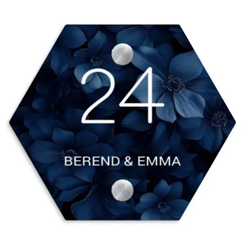 Blauwe bloemen - Sierlijk Naambord Hexagon klein -3d