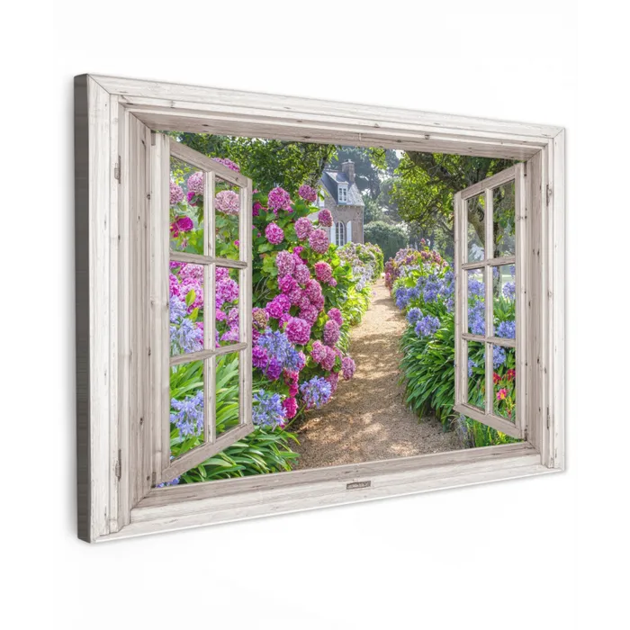 Hortensia - Doorkijk - Bloemen - Zomer - Paars - Pad Tuinposter op houten frame 2 cm dik klein -3d