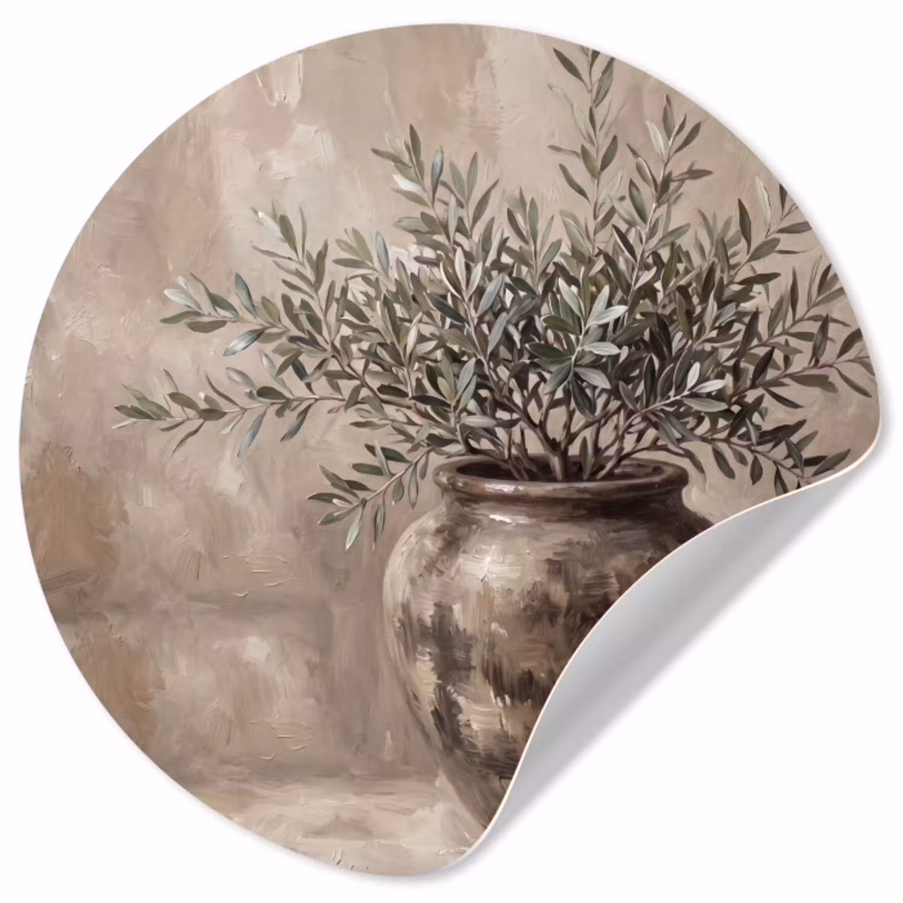Olijfplant - Aardenpot - Abstract - Beige Wandcirkel behangsticker klein -3d