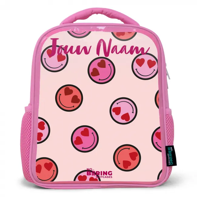 Rugzak kind met naam - Roze Hartje - Smiley - Patroon