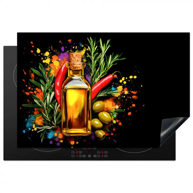 Olijfolie - Graffiti - Peper - Olijven - Modern Inductie beschermer vinyl 3mm klein -3d
