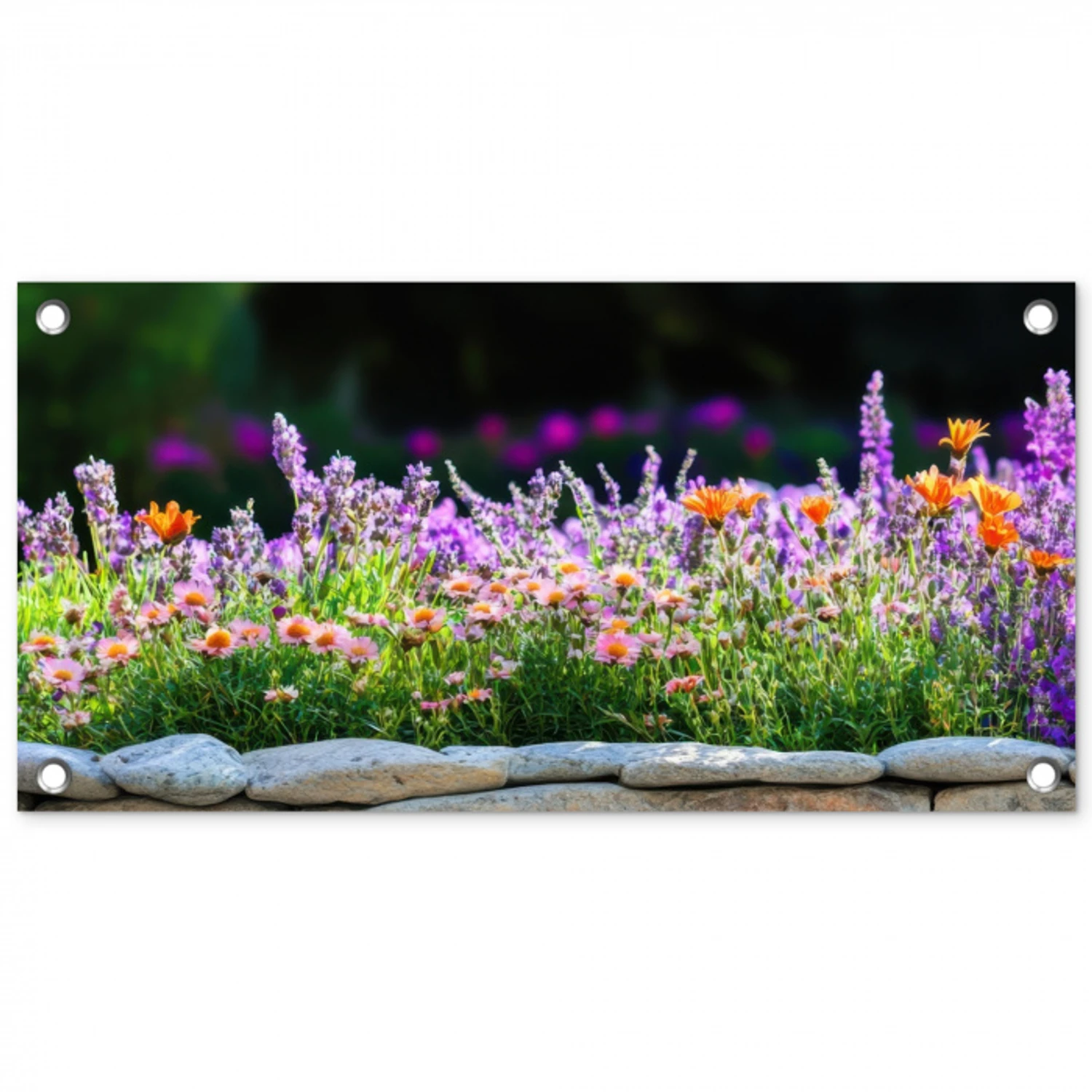 Bloemen - Steenrand - Kleurrijk tuinposter los doek klein -3d