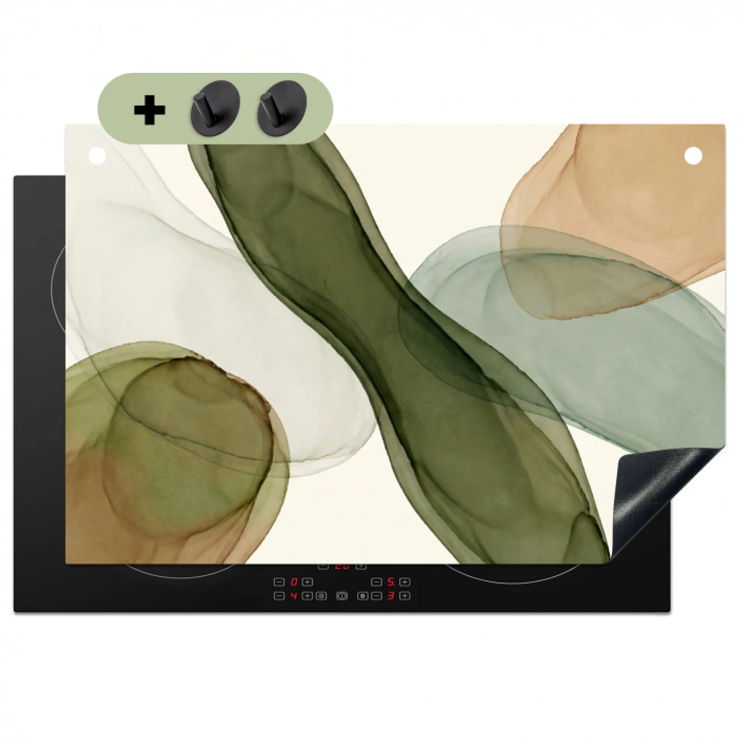 Abstract - Vormen - Modern - Kunst - Groen - Bruin Inductie beschemer met haakjes klein -3d