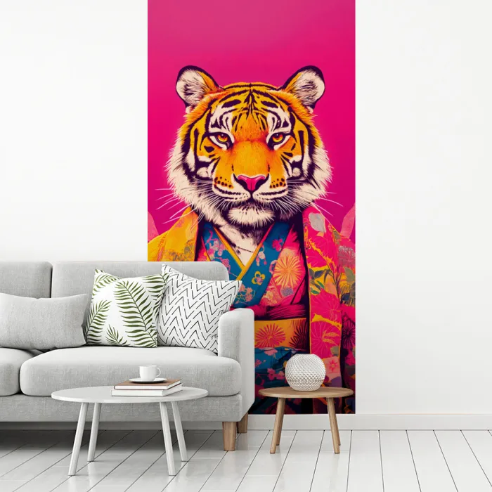 Tijger - Kimono - Planten - Roze fotobehang vinyl groot -woonkamer