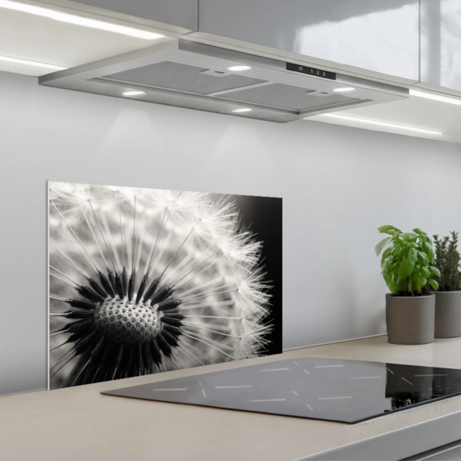 Paardenbloem - Zwart - Wit keuken achterwand spatscherm klein -3d_schuin