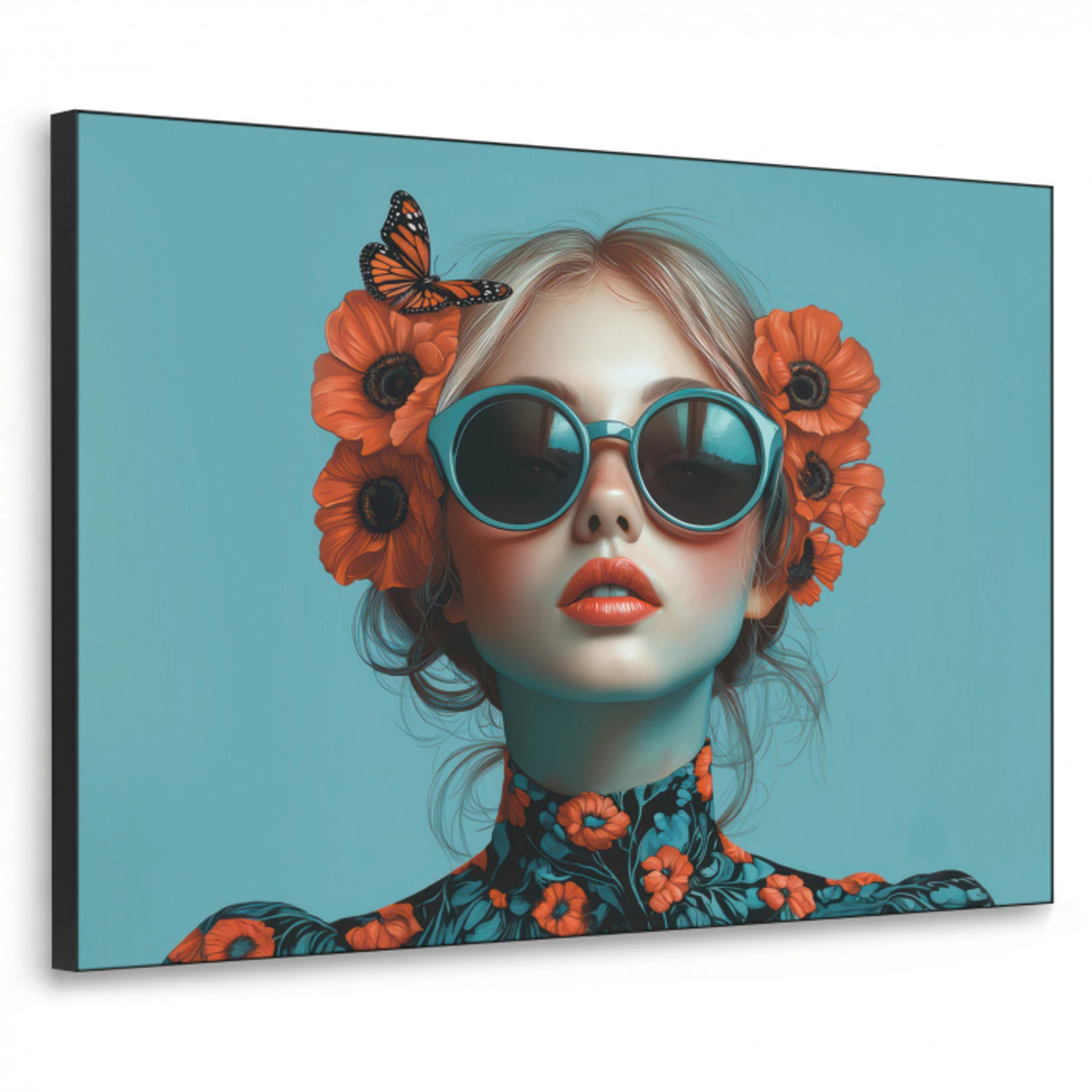 Vrouw - Blauw - Vlinder - Bloemen - Aesthetic Textielframe zwart klein -3d