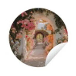 Doorkijk - Boog - Bloemen - Pastel Wandcirkel tuinposter met ringen klein -3d