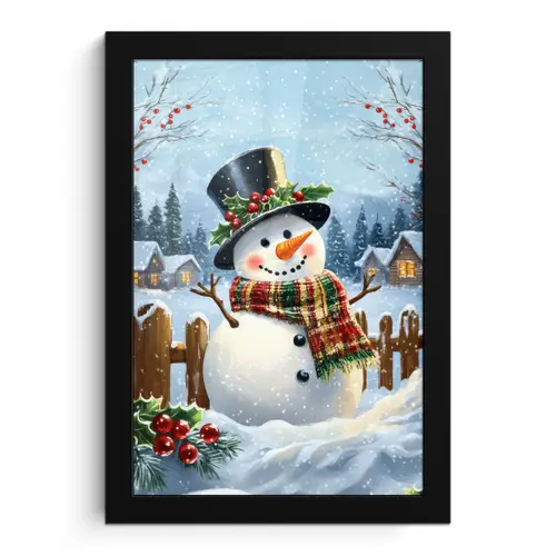 Sneeuwpop - Winterdorp - Kleurrijk fotolijst zwart zonder passe partout klein -3d