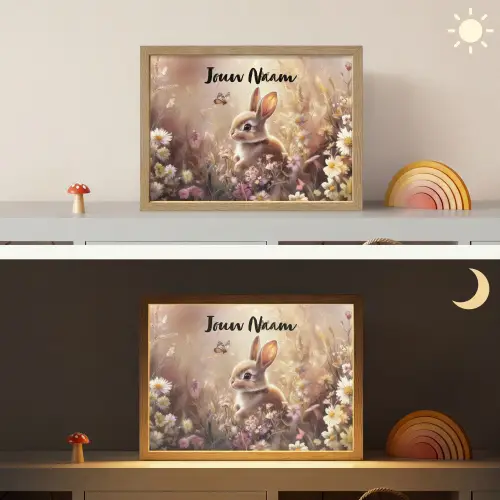 Konijntje - Bruin - Bloemen - Vlinders Light Box met batterij (Wandlamp kind) middel -sfeer3_kind