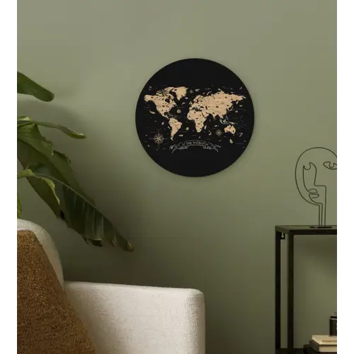 Wereldkaart - Beige - Zwart Wandcirkel kunststof plaat 5mm dik klein -sfeer3
