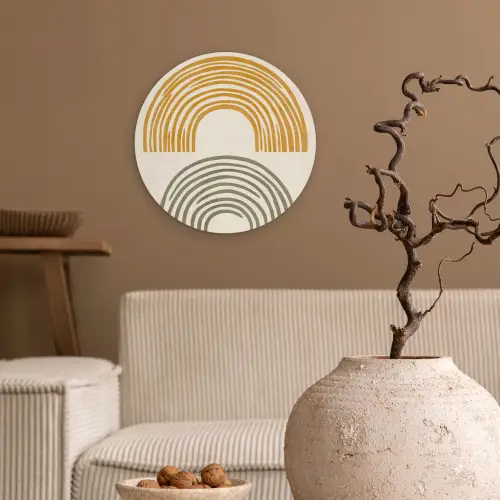 Bogen - Lijnen - Oranje - Minimalistisch Wandcirkel kunststof plaat 5mm dik klein -sfeer1