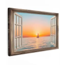 Doorkijk - Zee - Boot - Zonsondergang Tuinposter op houten frame 2 cm dik klein -3d