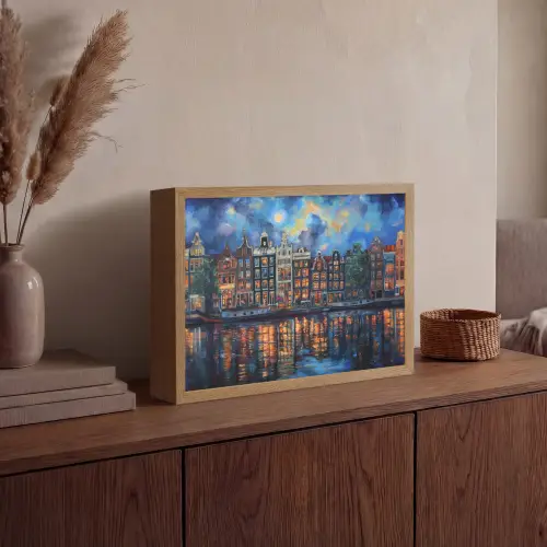 Grachten Amsterdam - Huizen - Stad - Kleurrijk Light Box met batterij (Wandlamp) middel -sfeer2