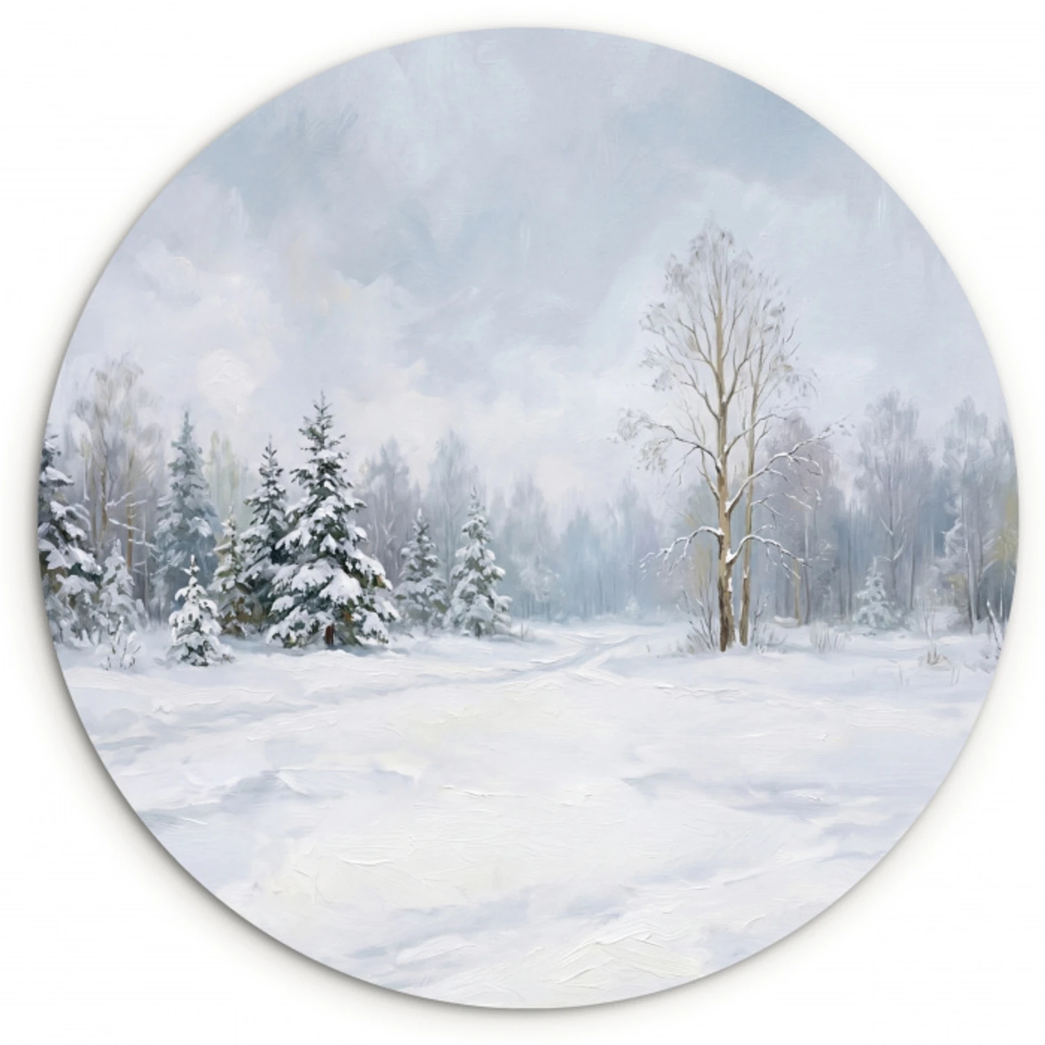 Bospad - Dennen - Sneeuw - Winter - Rustgevend Wandcirkel kunststof plaat 5mm dik klein -3d