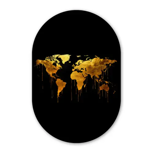 Wereldkaart - Goud - Druipen - Zwart Wandcirkel Ovaal Glas middel -3d