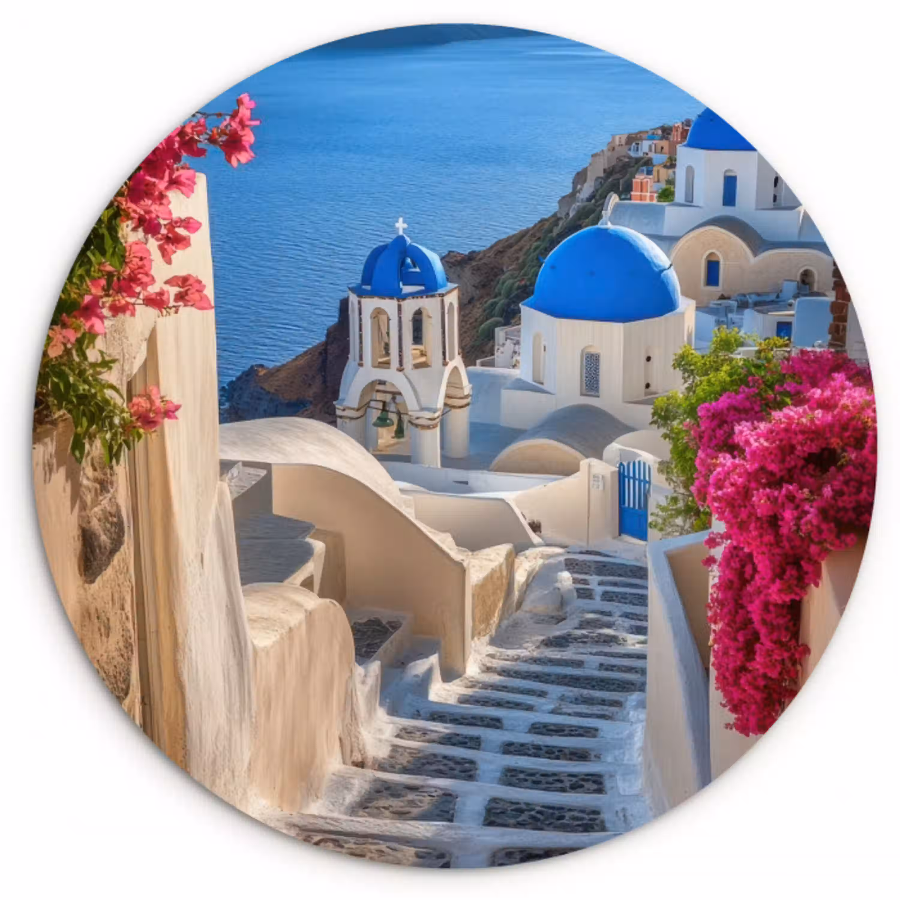 Santorini - Bloemen - Griekenland Wandcirkel plexiglas klein -3d