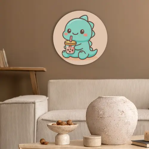 Dino - Boba - kawaii - Oranje Akoestische PET Vilt - Rond klein -sfeer1
