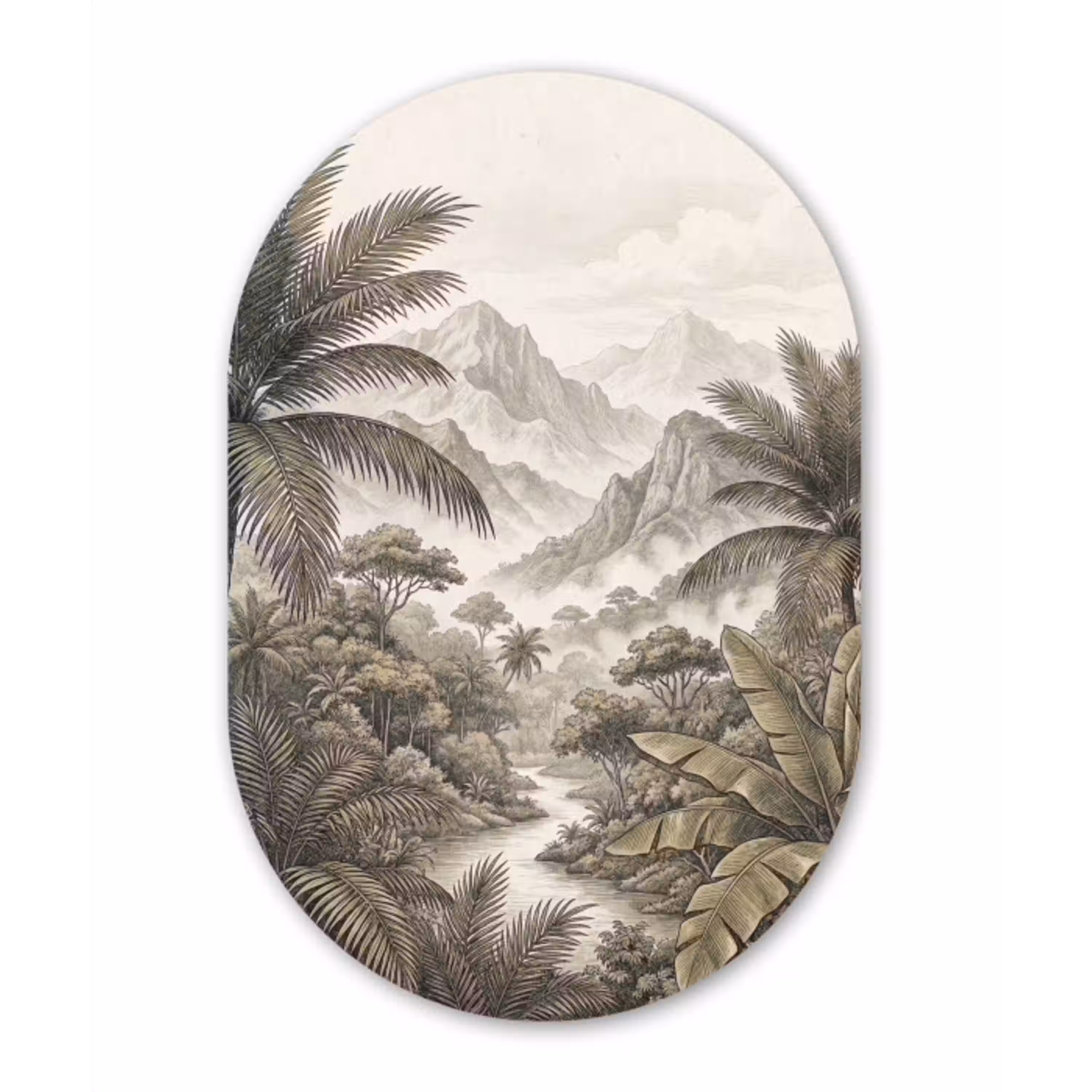 Natuur - Bergen - Rivier - Tropisch - Vintage Wandcirkel Ovaal Aluminium middel -3d