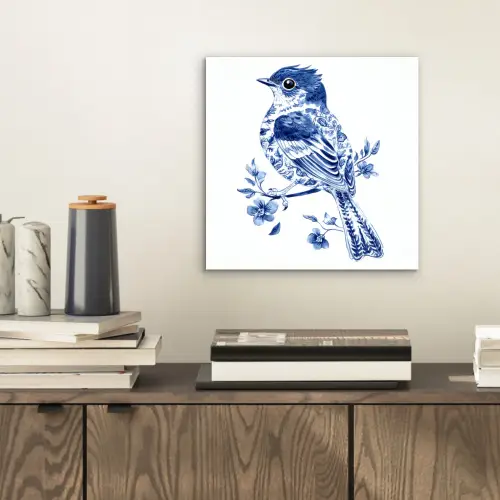 Vogel - Delfts blauw - Illustratie - Bloemen aluminium wit klein -sfeer1