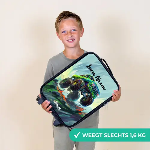 Groene Monstertruck met Penseelstreken Kinderkoffer - Zwart klein -sfeer4_NL