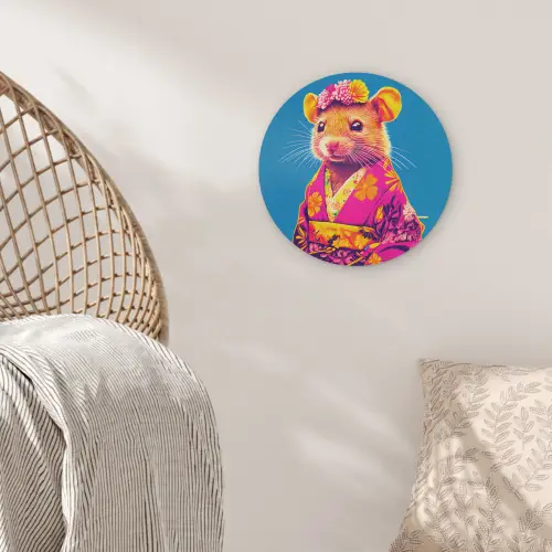 Muis - Kimono - Bloemen - Blauw Akoestische PET Vilt - Rond klein -sfeer4